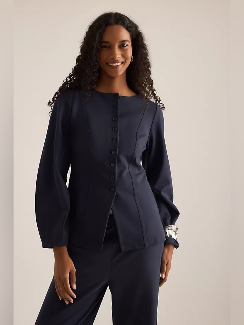 ALIGNE Bonnie Ponte Waisted Blazer Jacket in Navy Blue, Plus / Curvy size 18
